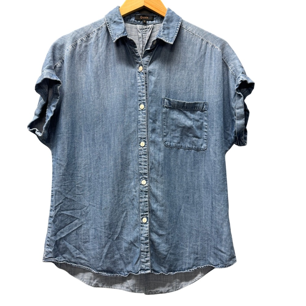 Quince Chambray Tencel Short Sleeve Shirt Womens S Indigo Blue Button Up